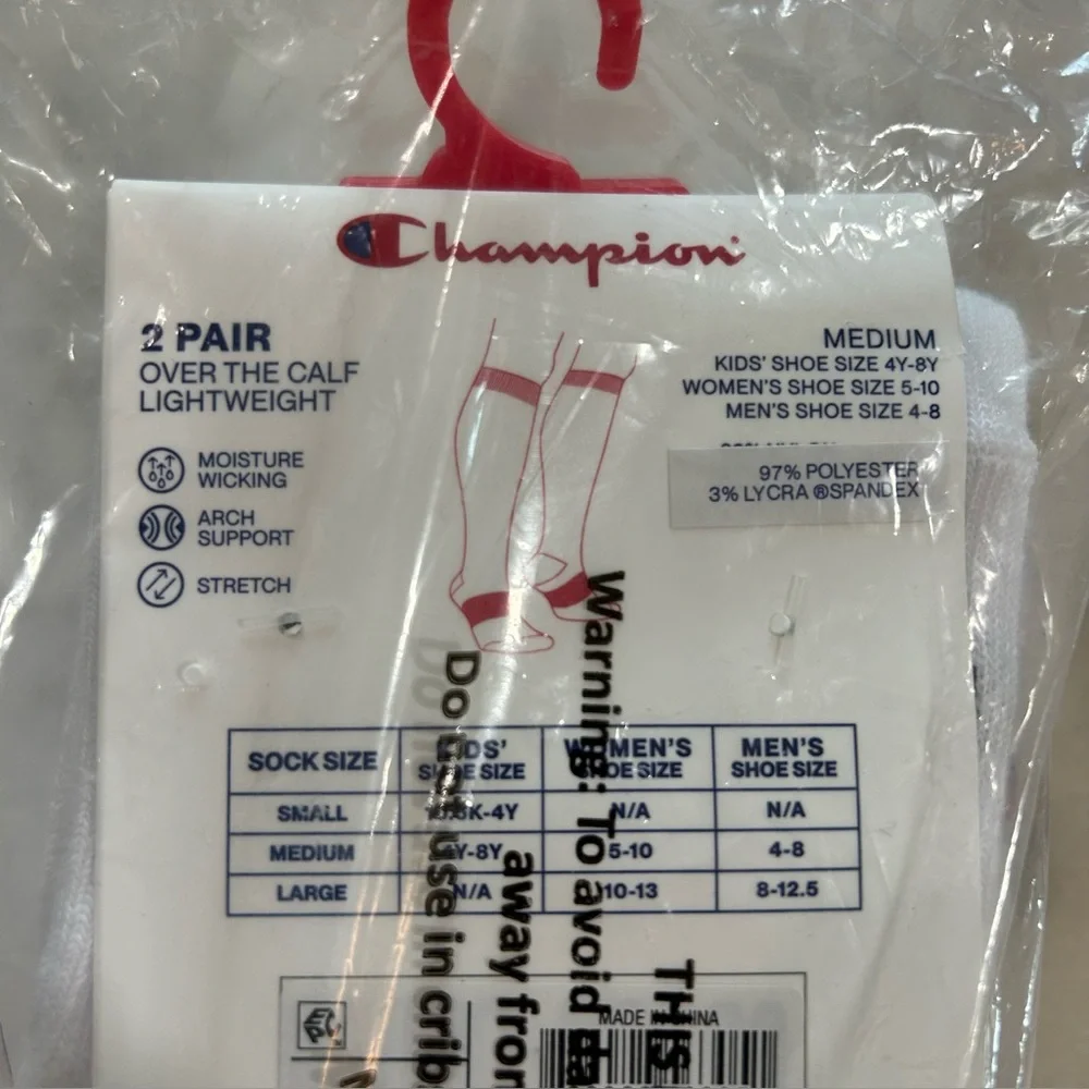 Champion Socks All Sport Performance Over the Calf Socks 2pk - White Size M- New